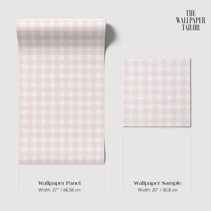 two different sizes of a pink and white checkered wallpaper panel and a smaller square wallpaper sample.
