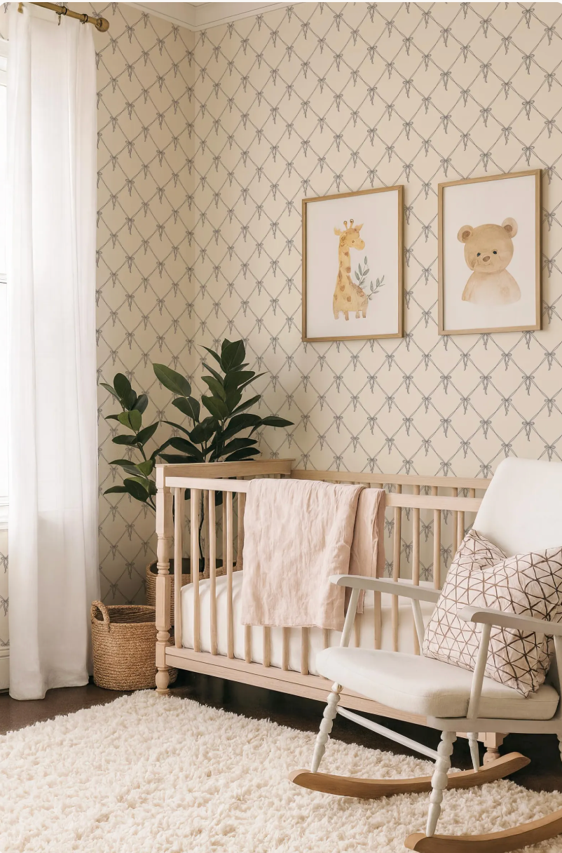 a cozy nursery with a white crib, a rocking chair, and a potted plant. The walls are decorated with a patterned wallpaper, and there are two framed animal pictures on the wall.