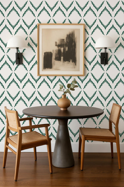 a modern dining area with a round wooden table, two wooden chairs, and a framed abstract artwork on the wall above the table.