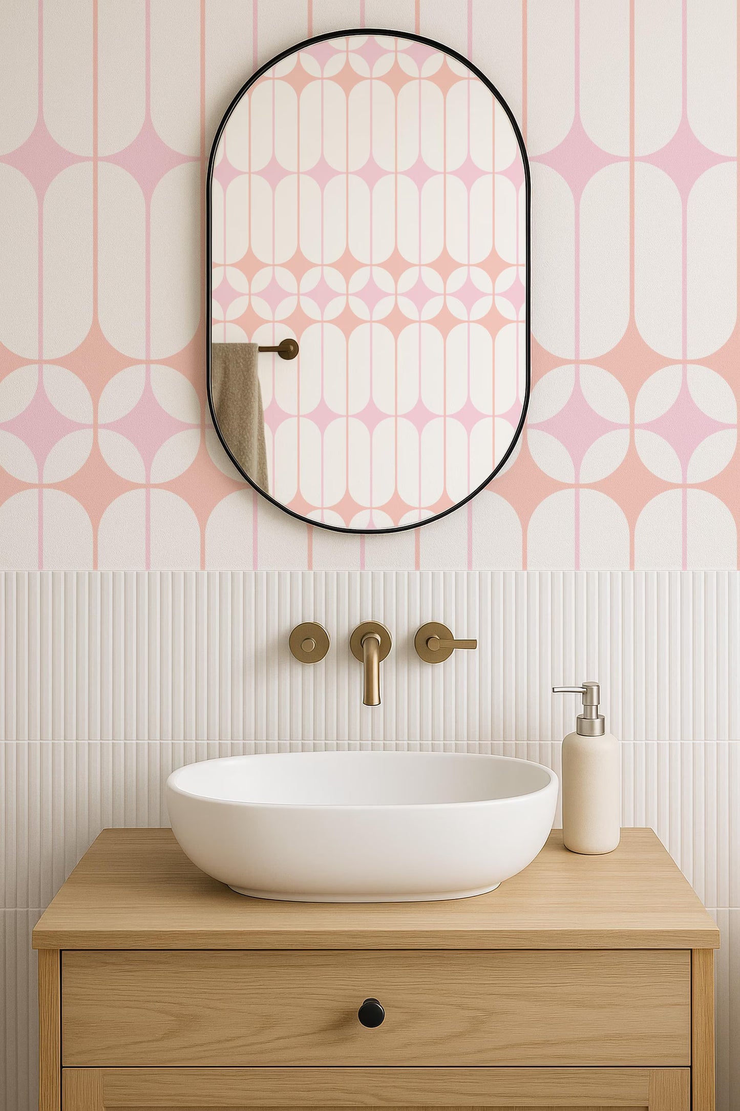 a bathroom with a white oval-shaped sink, a wooden vanity, and a mirror above it. The walls are decorated with a pink and white geometric pattern.