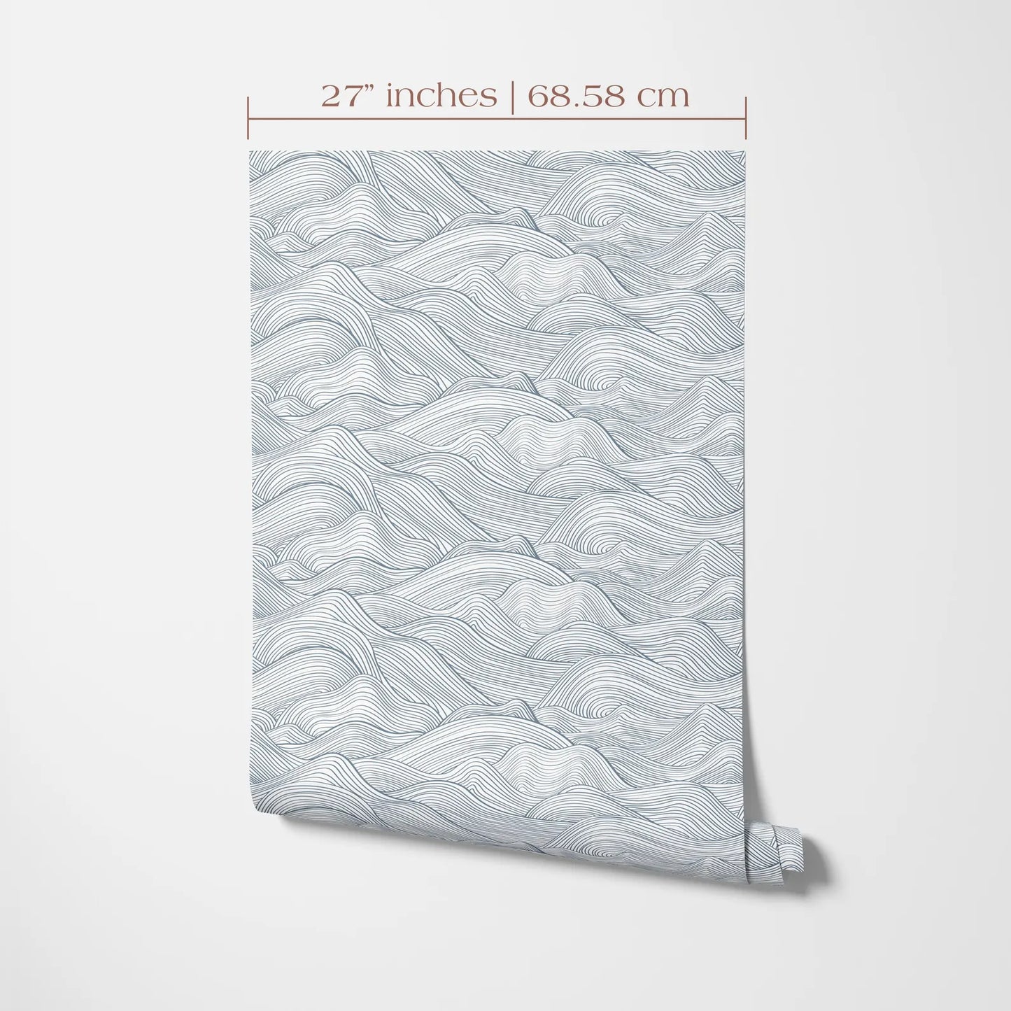 a pattern of wavy lines resembling mountains or hills, with the text indicating the size of the pattern in inches and centimeters.