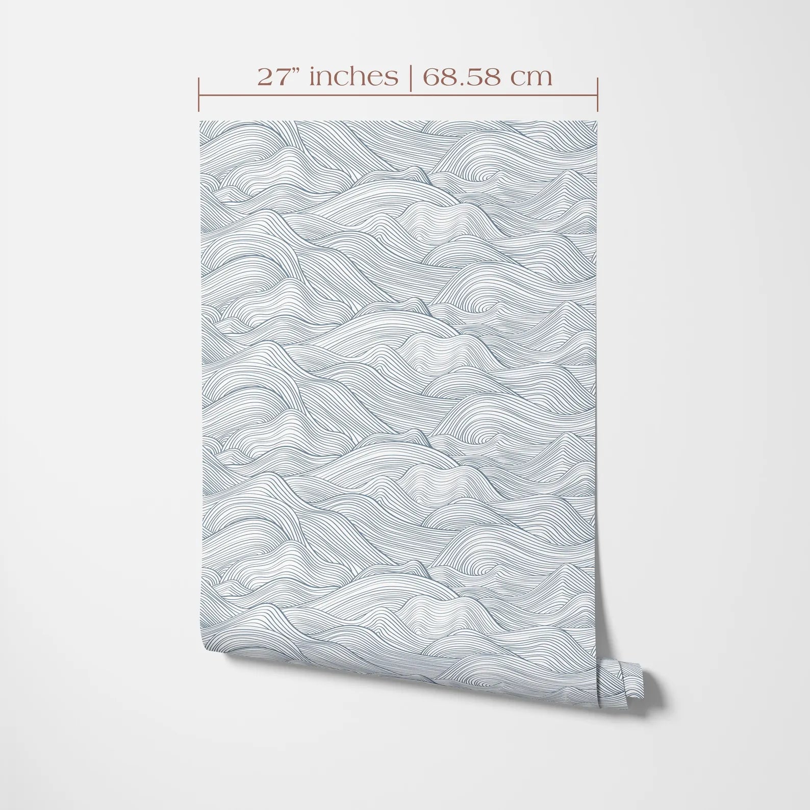 a pattern of wavy lines resembling mountains or hills, with the text indicating the size of the pattern in inches and centimeters.