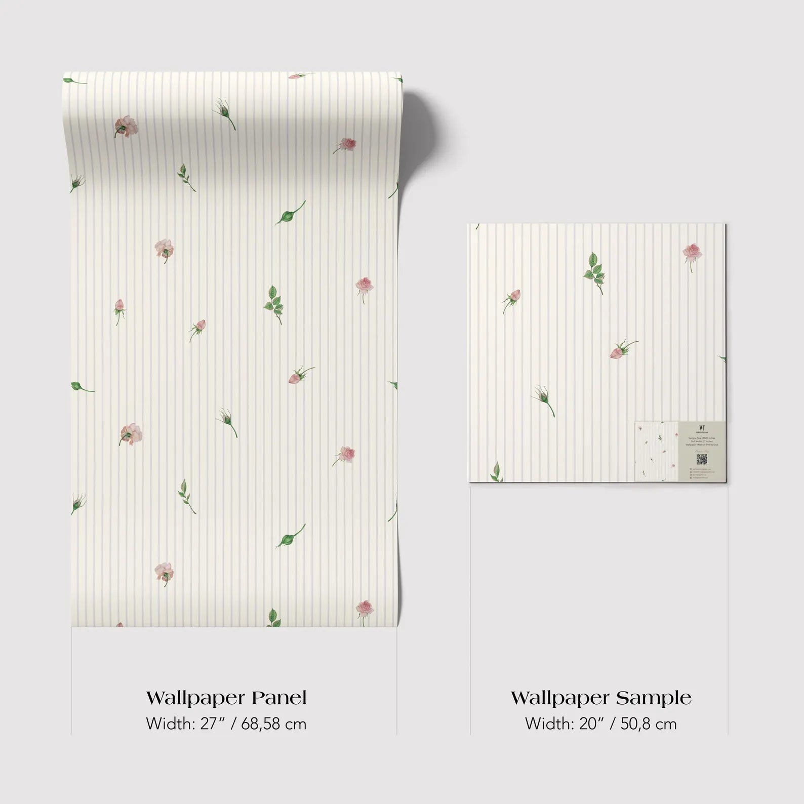 two different sizes of a wallpaper panel with a floral pattern. The larger panel is wider at 28 inches and narrower at 50.8 centimeters, while the smaller sample is 20 inches and 28.8 centimeters.