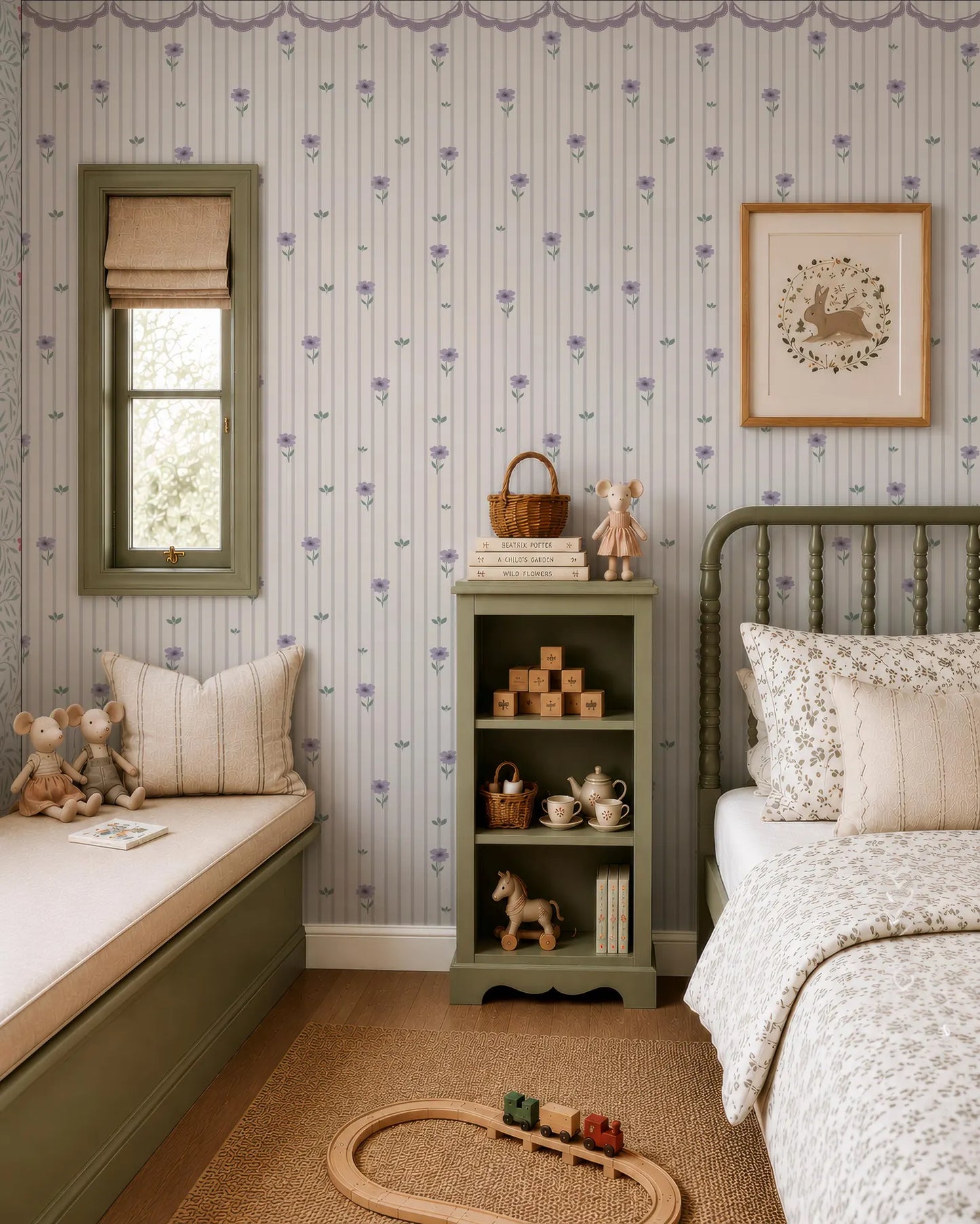 a cozy and charming bedroom with a green bed frame, a wooden bookshelf, and a window with a green frame. The walls are decorated with a floral pattern, and the room has a warm and inviting atmosphere.