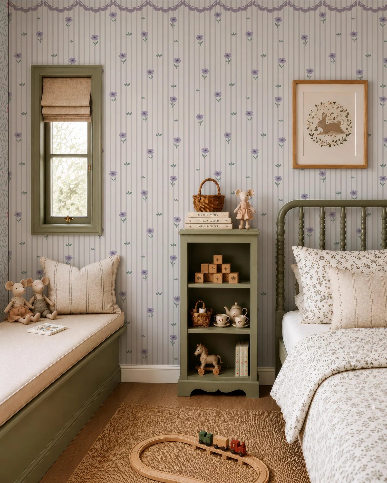 a cozy and charming bedroom with a green bed frame, a wooden bookshelf, and a window with a green frame. The walls are decorated with a floral pattern, and the room has a warm and inviting atmosphere.