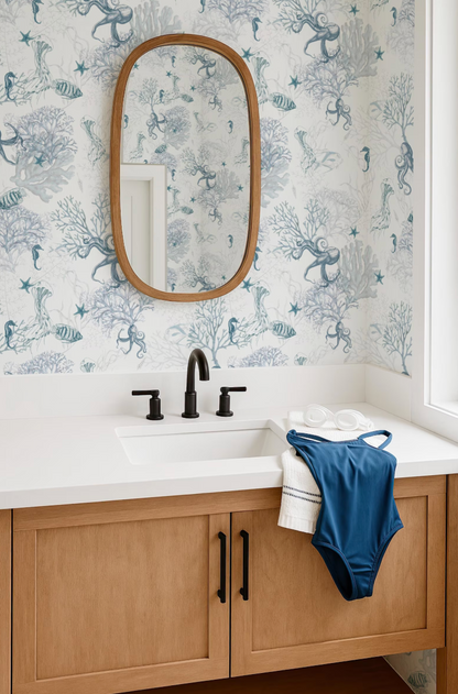 a bathroom with a white sink, a mirror above it, and a blue swimsuit hanging on the side of the sink. The walls are decorated with a blue and white patterned wallpaper, and the overall color scheme is predominantly white and blue.