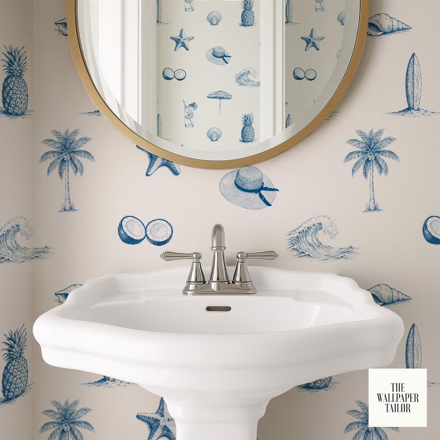 a bathroom with a white pedestal sink and a round mirror above it. The wall behind the sink is decorated with a blue and white tropical wallpaper pattern, including palm trees, starfish, and other sea creatures.