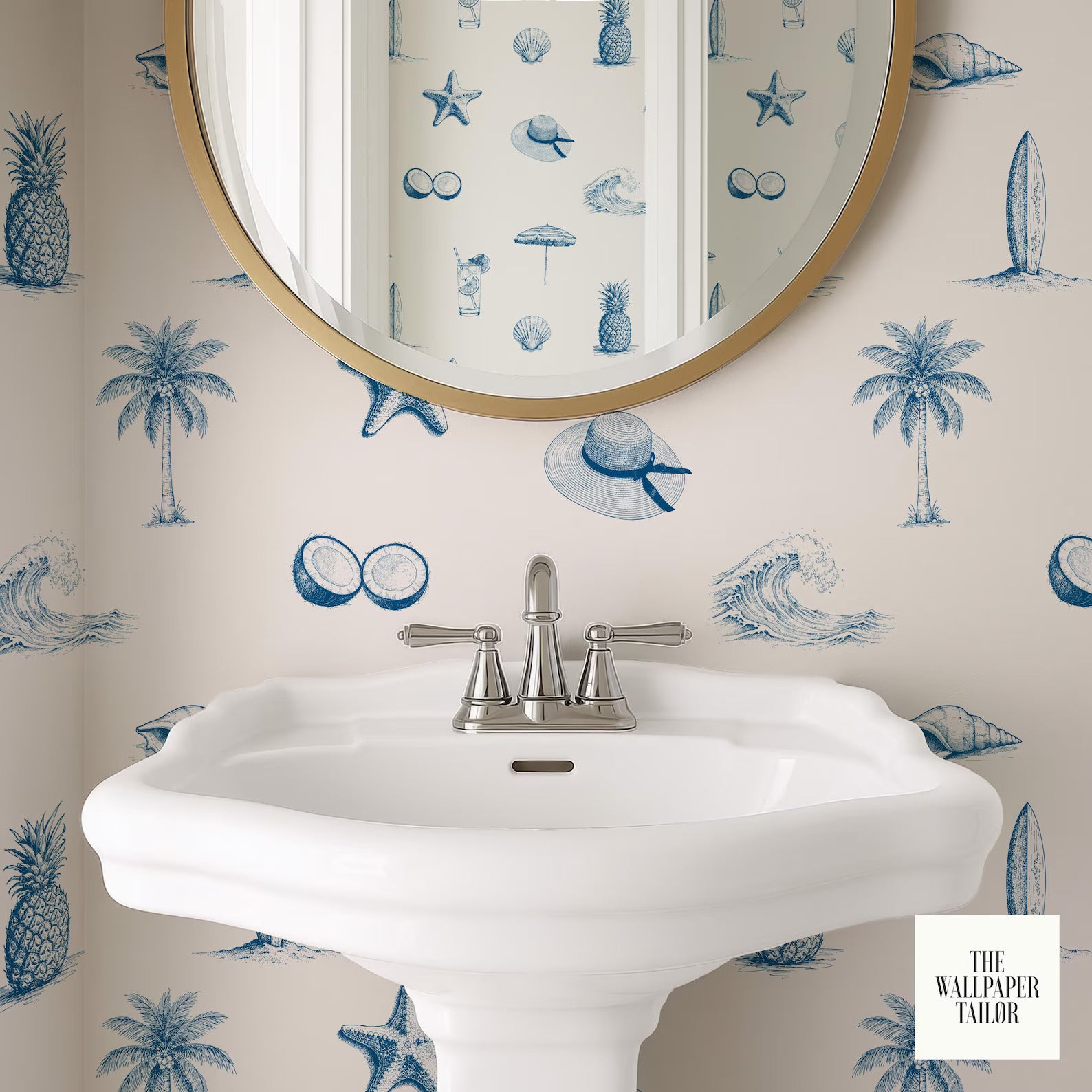 a bathroom with a white pedestal sink and a round mirror above it. The wall behind the sink is decorated with a blue and white tropical wallpaper pattern, including palm trees, starfish, and other sea creatures.