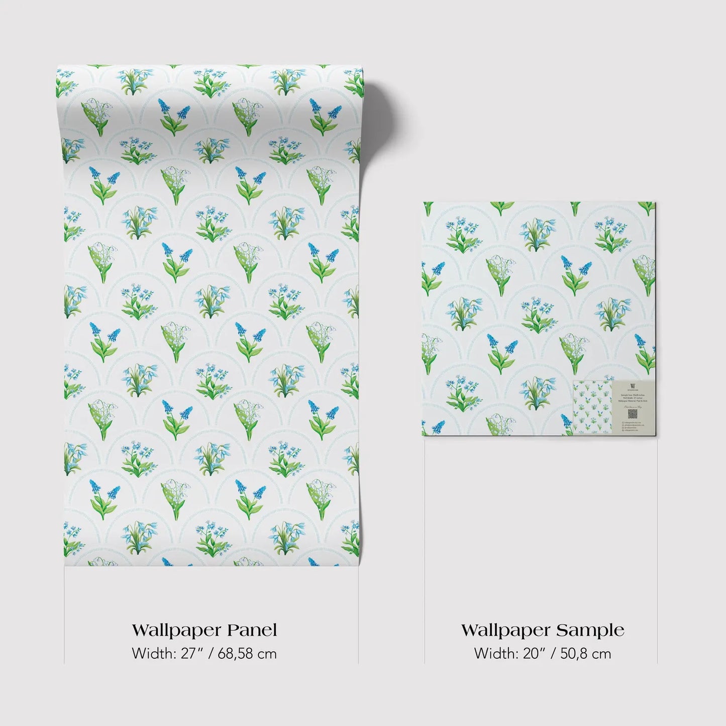 two different wallpaper samples with a repeating pattern of blue flowers on a white background. The text provides the dimensions of each wallpaper sample in centimeters.