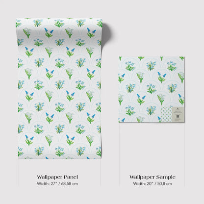 two different wallpaper samples with a repeating pattern of blue flowers on a white background. The text provides the dimensions of each wallpaper sample in centimeters.