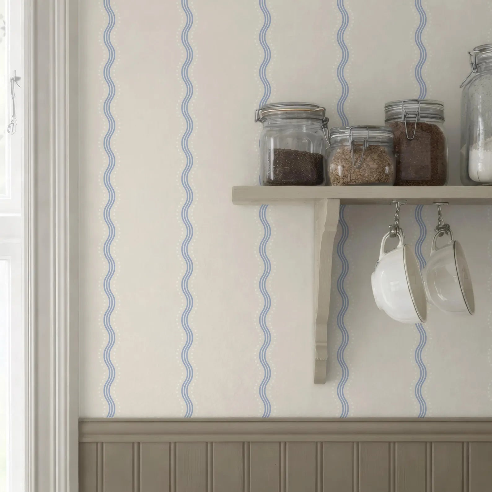 a kitchen shelf with various jars and containers, including coffee cups, arranged on it. The shelf is mounted on a wall with a blue and white striped pattern.
