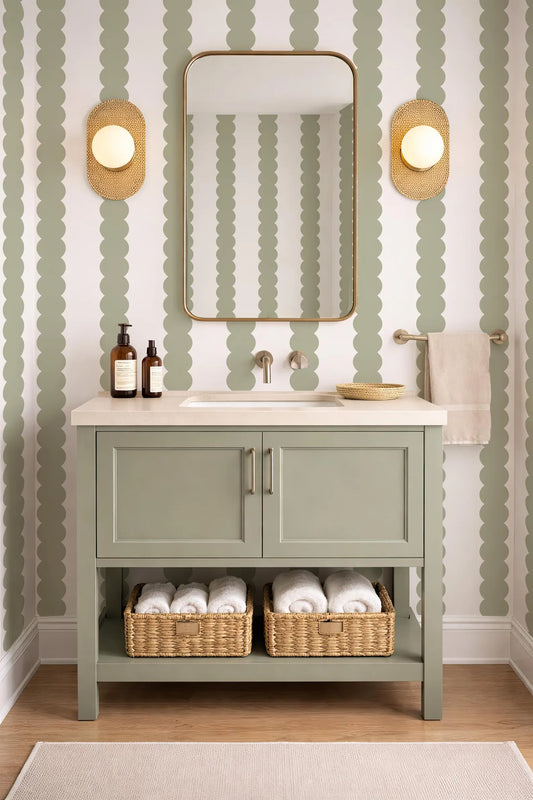 a bathroom with a green vanity cabinet, a mirror, and two wall sconces. The vanity has a sink and two baskets below it, and there are two bottles on the counter. The walls are covered in a patterned wallpaper with green and white circles.