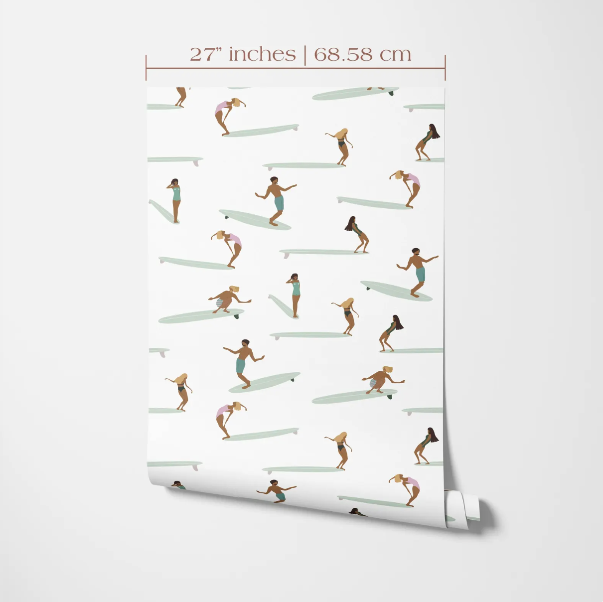 The image is a repeating pattern of various people surfing on surfboards, with each person depicted in different poses and positions.