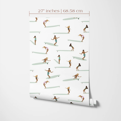 The image is a repeating pattern of various people surfing on surfboards, with each person depicted in different poses and positions.