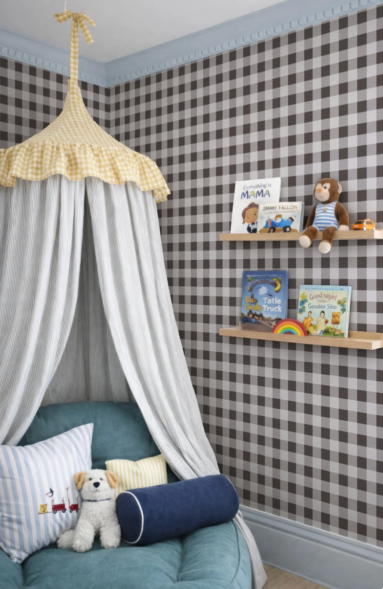 a cozy and colorful children's bedroom with a canopy bed, shelves displaying children's books, and stuffed animals.
