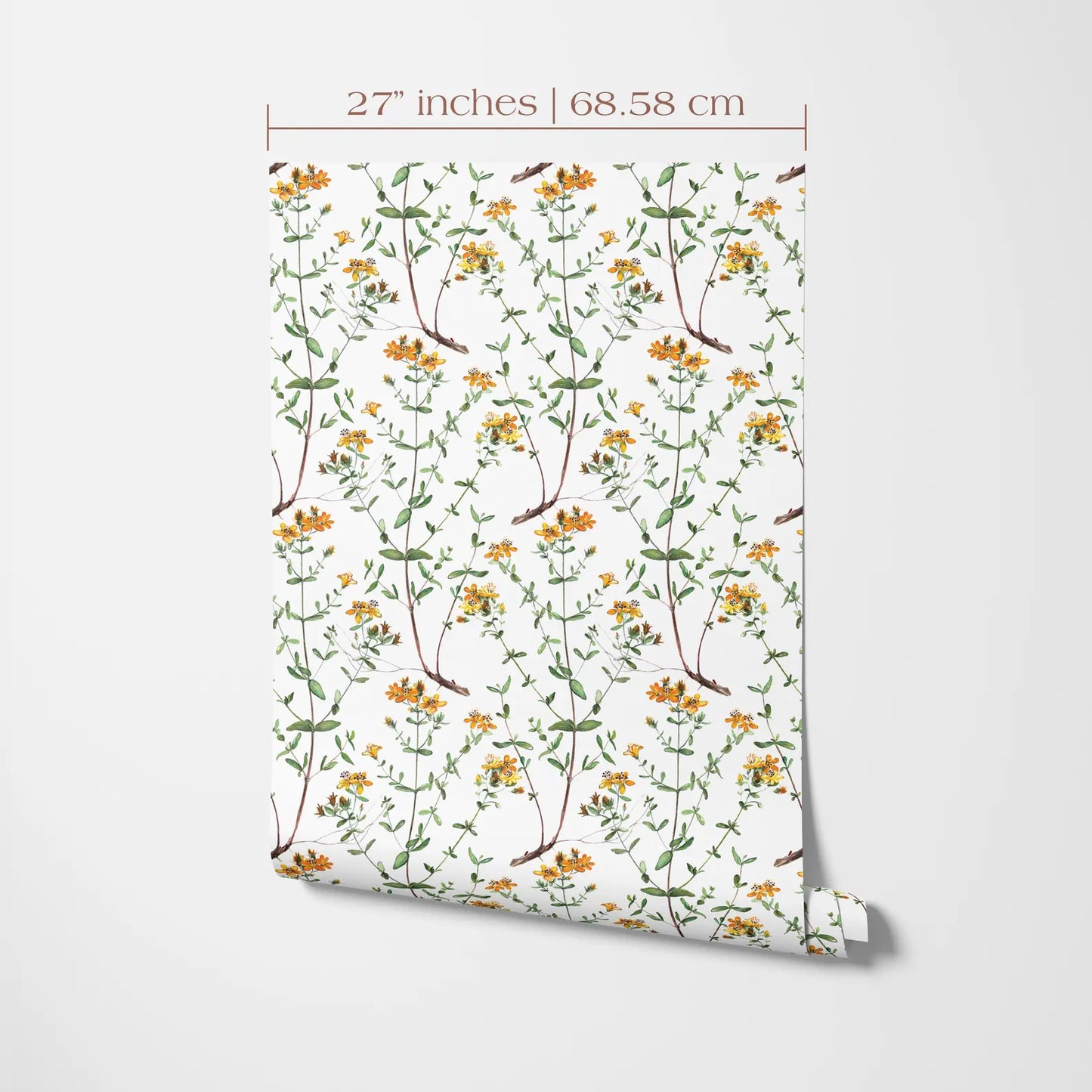 a repeating pattern of yellow flowers on green stems against a white background.