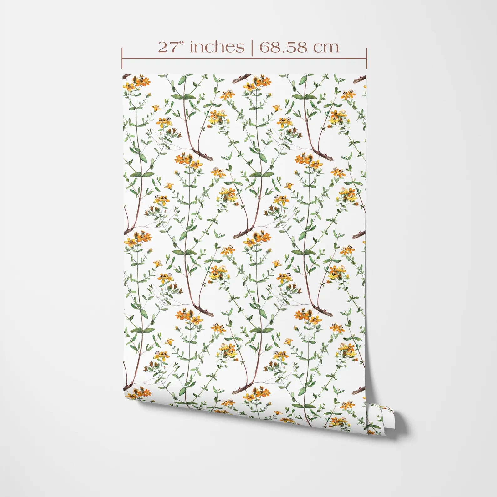 a repeating pattern of yellow flowers on green stems against a white background.