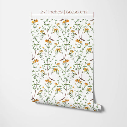 a repeating pattern of yellow flowers on green stems against a white background.