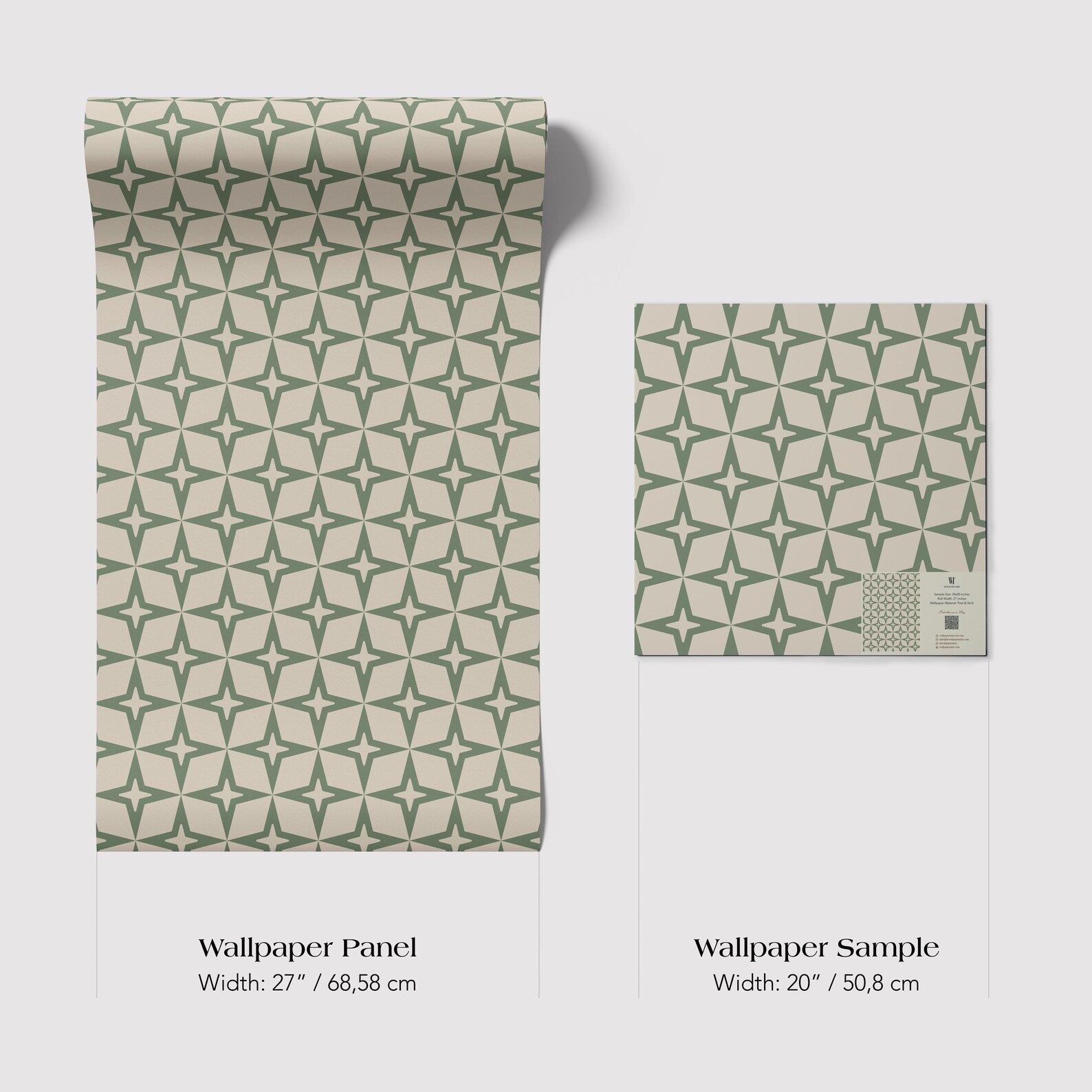 two wallpaper samples with a repeating green and white star pattern. The text provides the dimensions of the samples in centimeters.