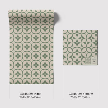 two wallpaper samples with a repeating green and white star pattern. The text provides the dimensions of the samples in centimeters.