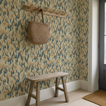 a wooden bench situated in a room with a floral wallpaper pattern. Above the bench, there is a woven bag hanging on a wooden rack.