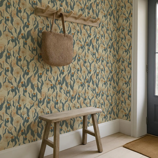 a wooden bench situated in a room with a floral wallpaper pattern. Above the bench, there is a woven bag hanging on a wooden rack.