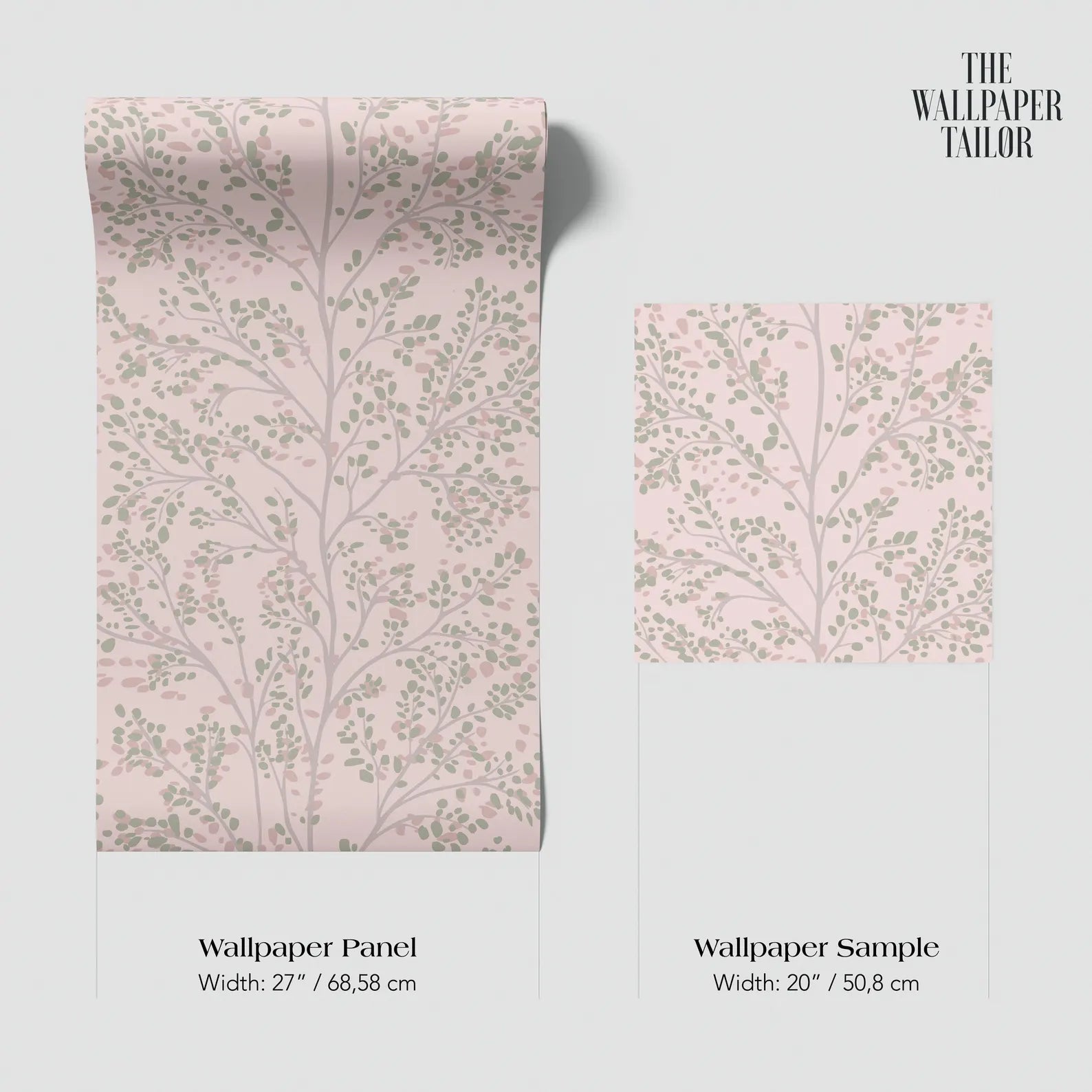 two different wallpaper panels with a similar tree-like pattern in shades of pink and green. The text provides information about the width of the wallpaper panels and their respective sample sizes.