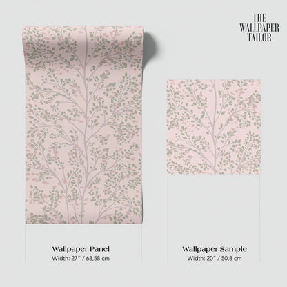 two different wallpaper panels with a similar tree-like pattern in shades of pink and green. The text provides information about the width of the wallpaper panels and their respective sample sizes.