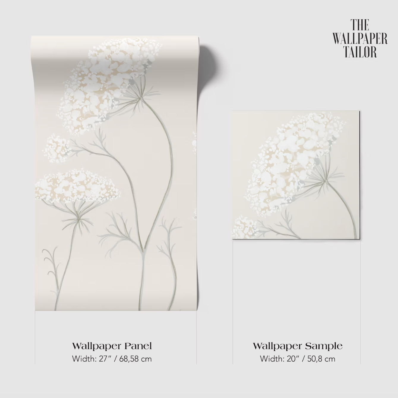 The image is a wallpaper panel and a wallpaper sample, both featuring a floral design in a light color palette.