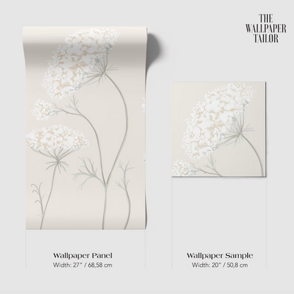 The image is a wallpaper panel and a wallpaper sample, both featuring a floral design in a light color palette.
