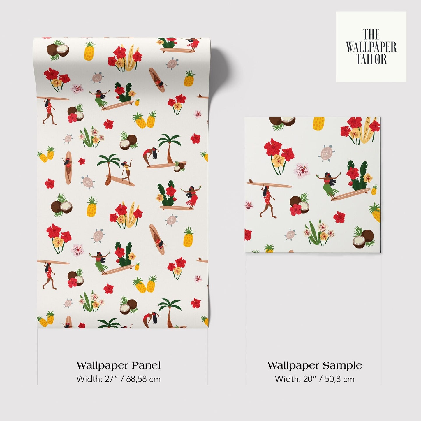 The image is a collage of two different wallpaper panels and a wallpaper sample, featuring a tropical theme with various elements such as palm trees, flowers, and people.