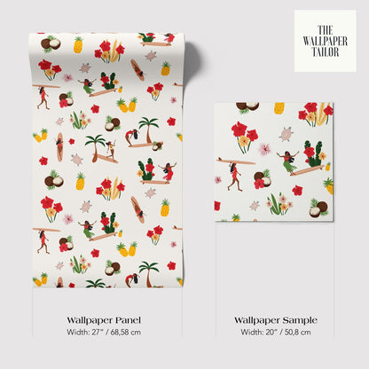 The image is a collage of two different wallpaper panels and a wallpaper sample, featuring a tropical theme with various elements such as palm trees, flowers, and people.