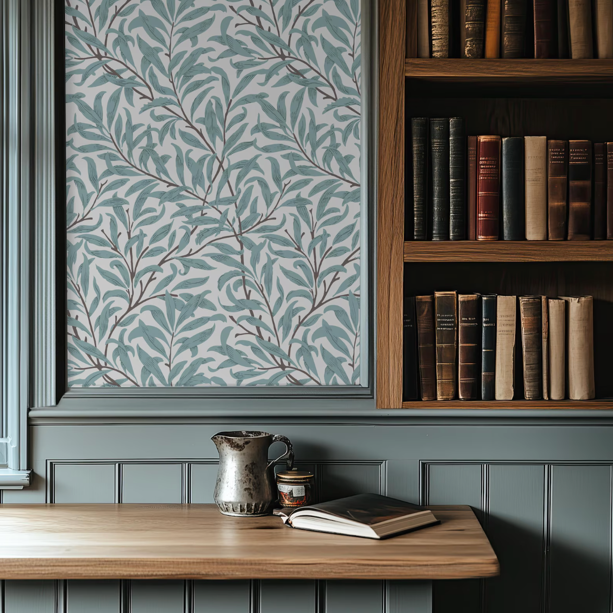 a bookshelf filled with books, a wooden table with a metal pitcher and a book, and a patterned wallpaper with a tree design.