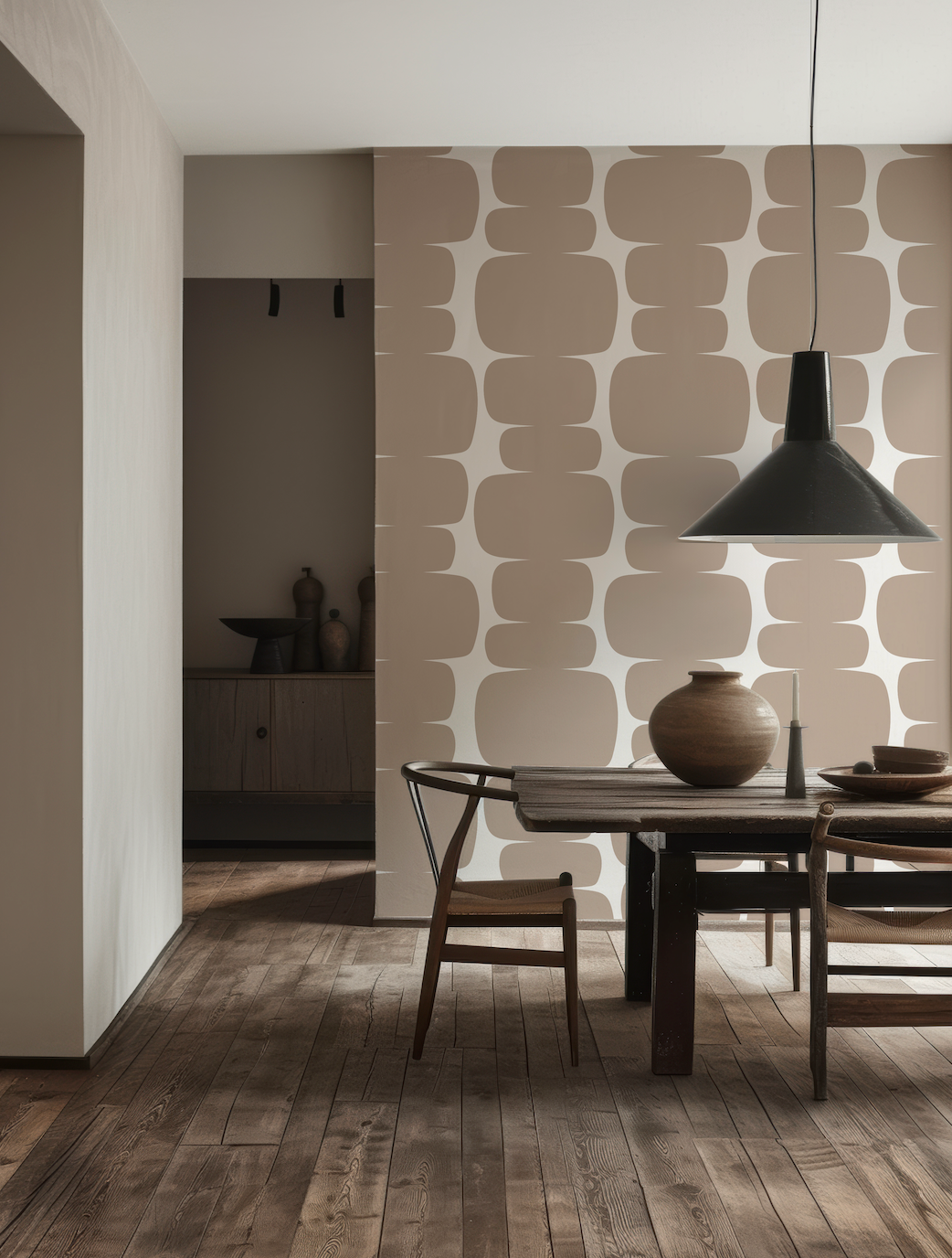 a dining room with a wooden table and chairs