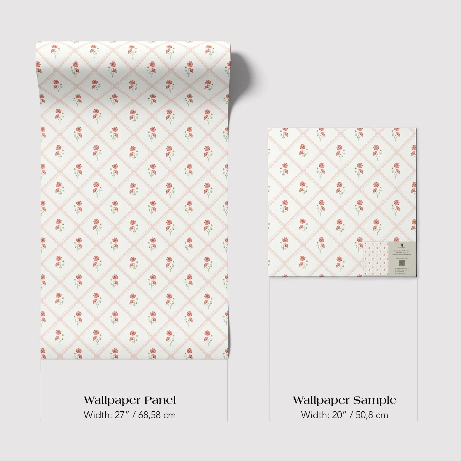 three different sizes of a wallpaper panel with a repeating pattern of red roses on a white background.