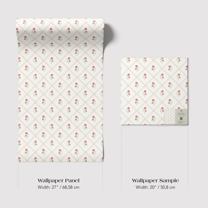 three different sizes of a wallpaper panel with a repeating pattern of red roses on a white background.