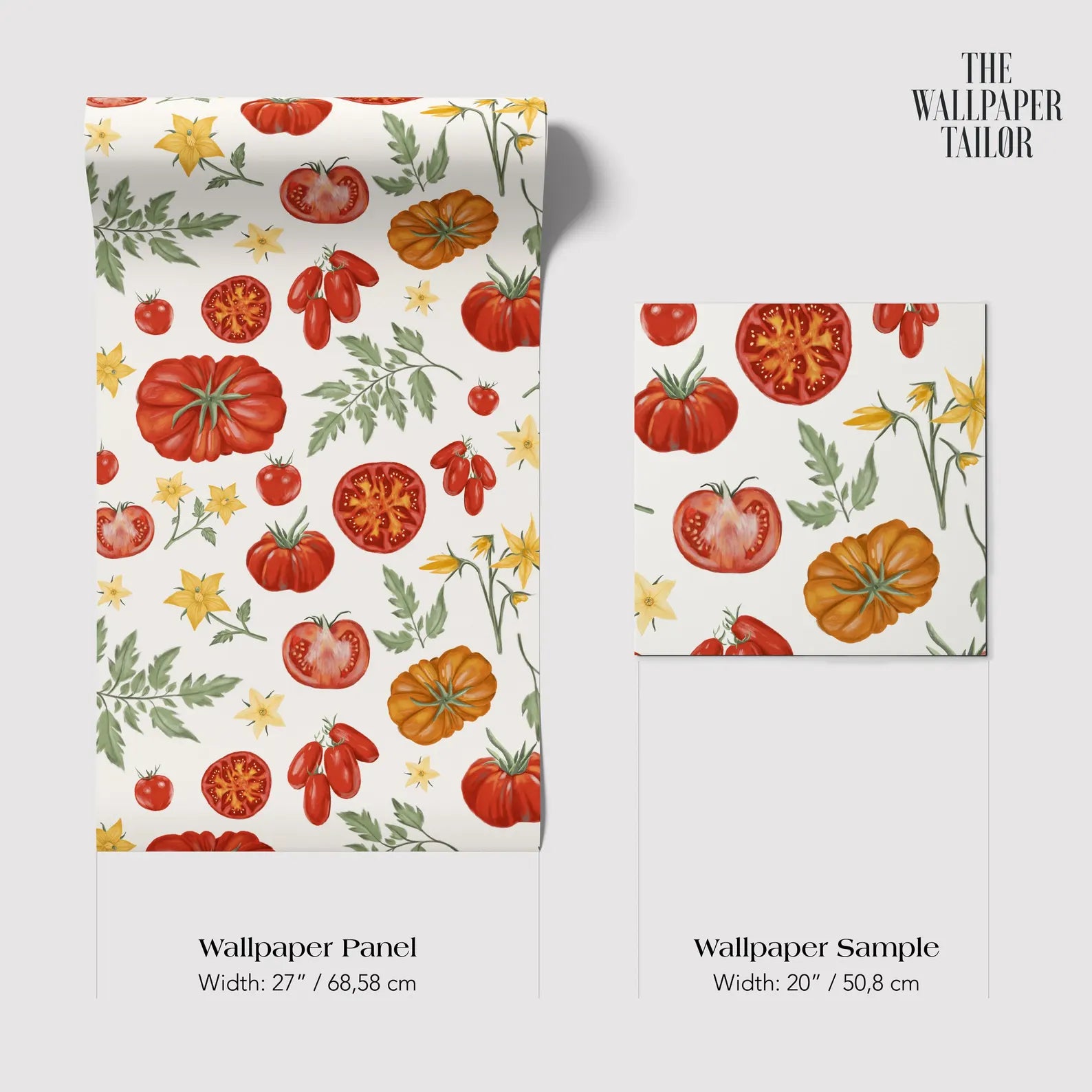 The image is a collage of two images featuring a repeating pattern of red tomatoes and yellow flowers on a white background. The text provides information about the size and dimensions of the images, with the text "Wallpaper Panel" and "Wallpaper Sample" indicating the type of image.
