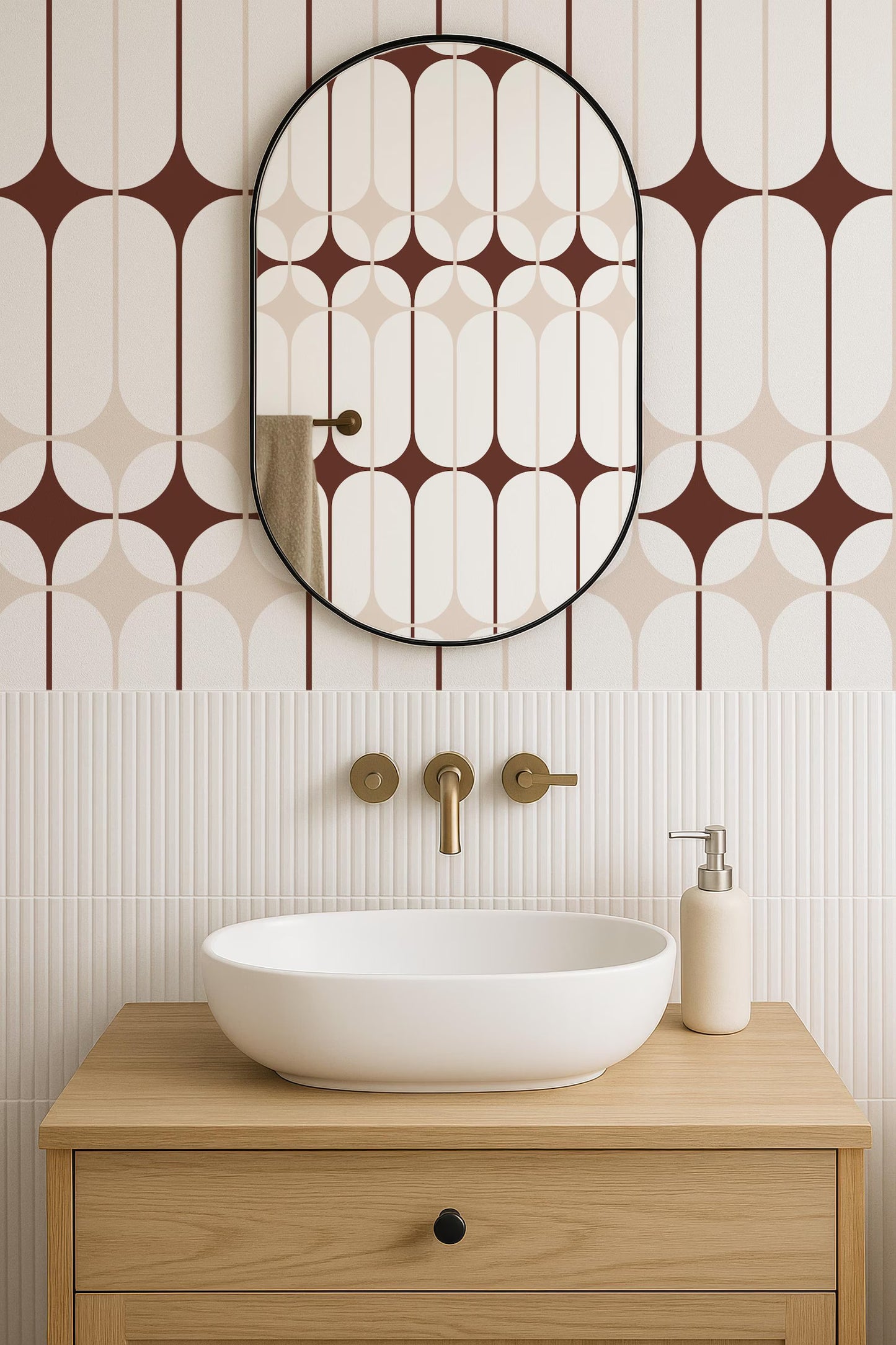 a modern bathroom with a white oval-shaped sink, a wooden cabinet, and a large mirror with a geometric patterned frame.