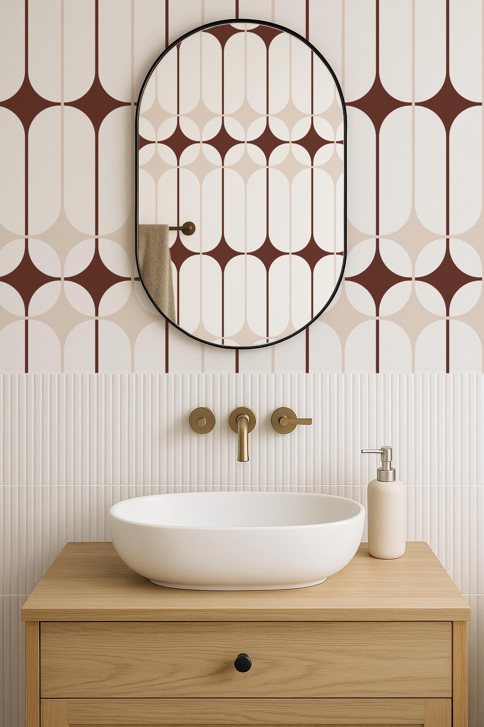 a modern bathroom with a white oval-shaped sink, a wooden cabinet, and a large mirror with a geometric patterned frame.