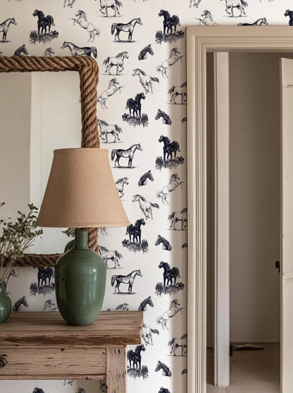 a room with a green lamp on a wooden table, a mirror, and a horse-themed wallpaper.