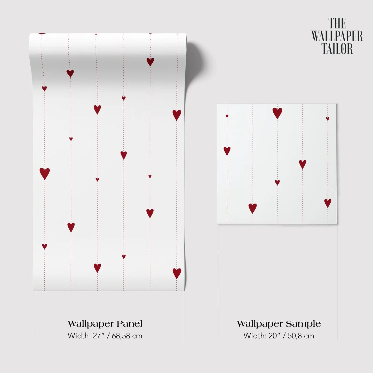 two different sizes of a wallpaper panel with a repeating pattern of red hearts on a white background.