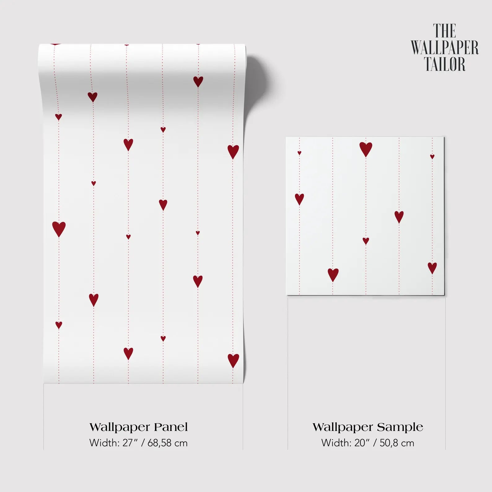 two different sizes of a wallpaper panel with a repeating pattern of red hearts on a white background.