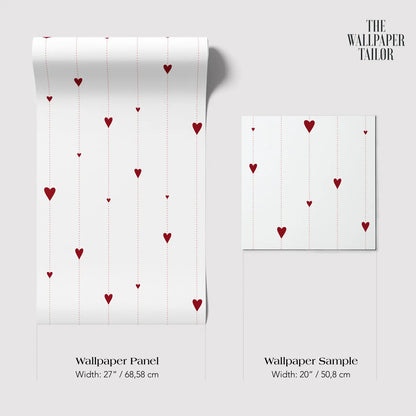 two different sizes of a wallpaper panel with a repeating pattern of red hearts on a white background.