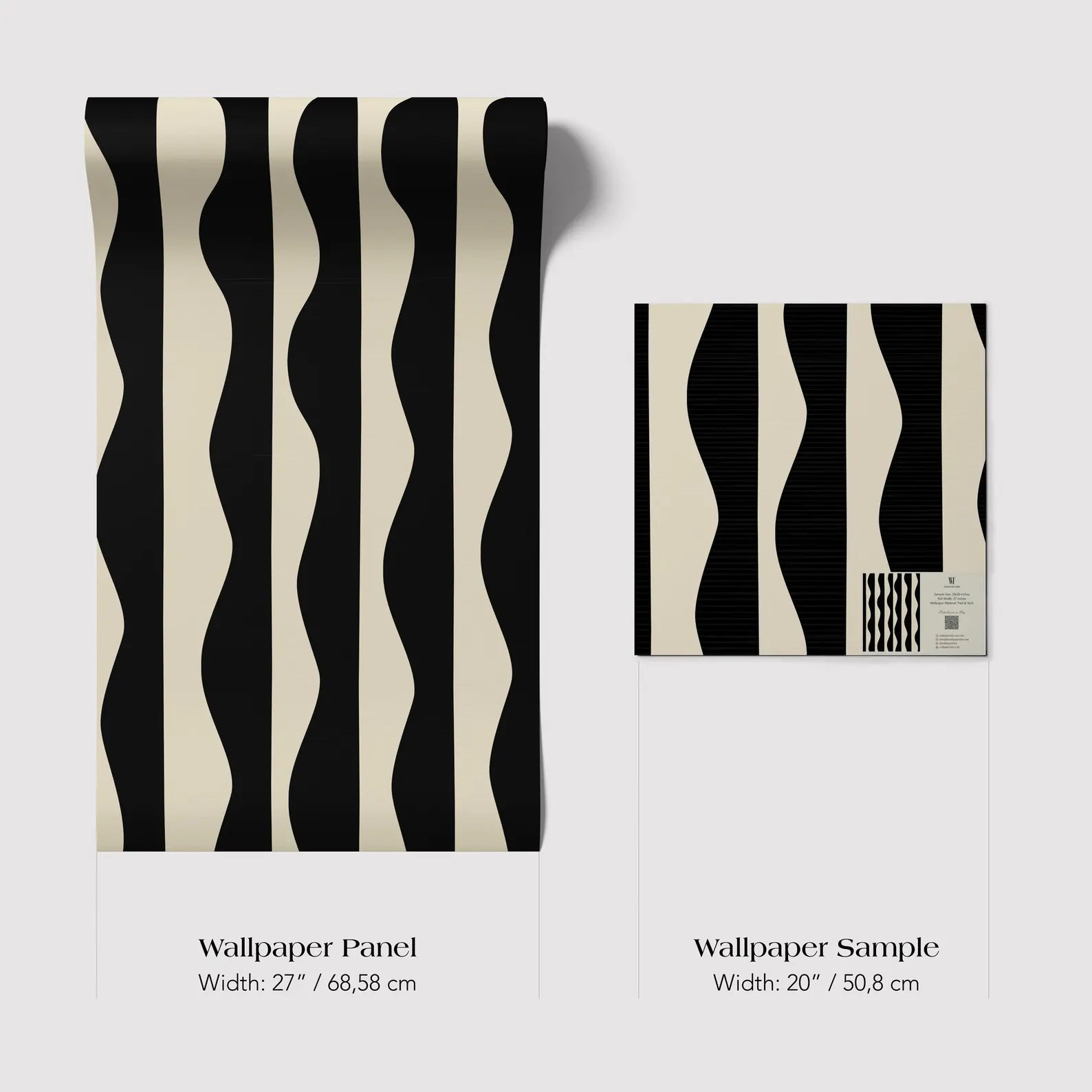 two different sizes of a black and white striped wallpaper panel and a wallpaper sample. The text provides the widths of each item in centimeters.