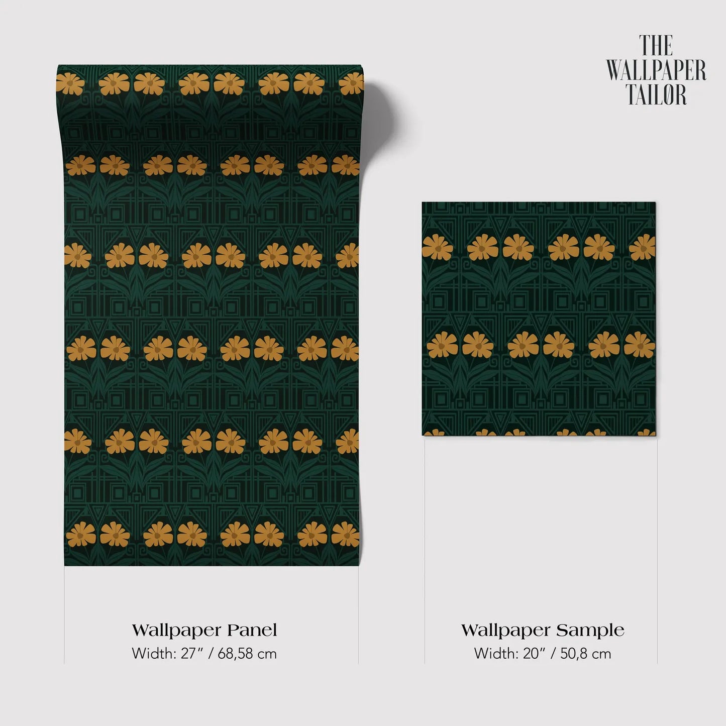 two wallpaper panels with a repeating pattern of yellow flowers on a dark green background. The text provides the dimensions of the wallpaper panels and a wallpaper sample, which are both 20 inches wide.
