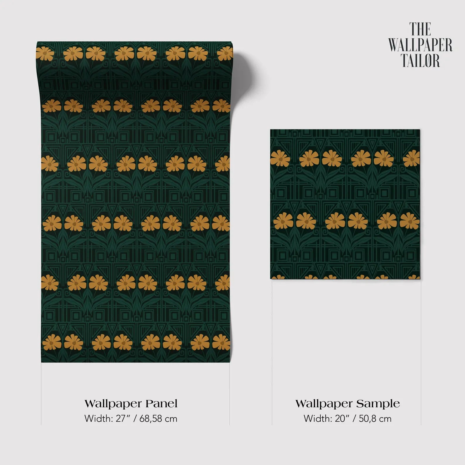 two wallpaper panels with a repeating pattern of yellow flowers on a dark green background. The text provides the dimensions of the wallpaper panels and a wallpaper sample, which are both 20 inches wide.