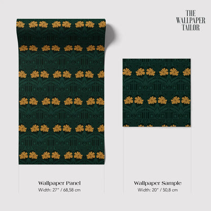 two wallpaper panels with a repeating pattern of yellow flowers on a dark green background. The text provides the dimensions of the wallpaper panels and a wallpaper sample, which are both 20 inches wide.
