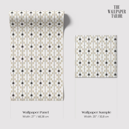 two rolls of wallpaper with a repeating pattern of stars and lines. The text indicates the width of the wallpaper panels and the wallpaper sample.