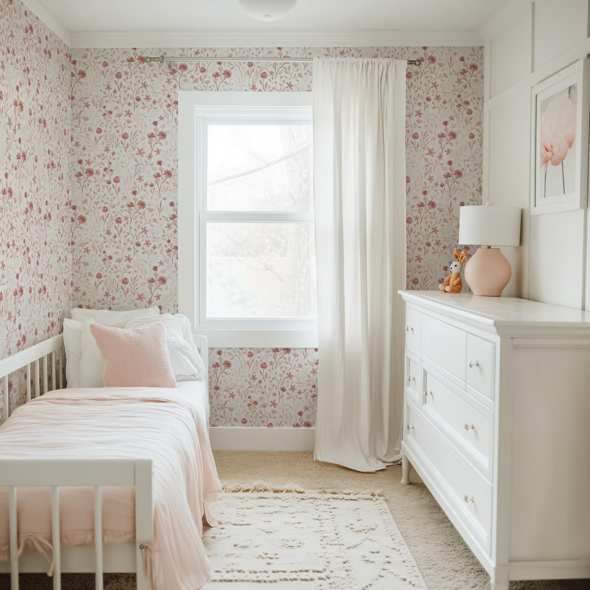 a cozy and well-decorated bedroom with a white bed, a dresser, and a window with white curtains. The room has a floral wallpaper and a white rug, creating a warm and inviting atmosphere.