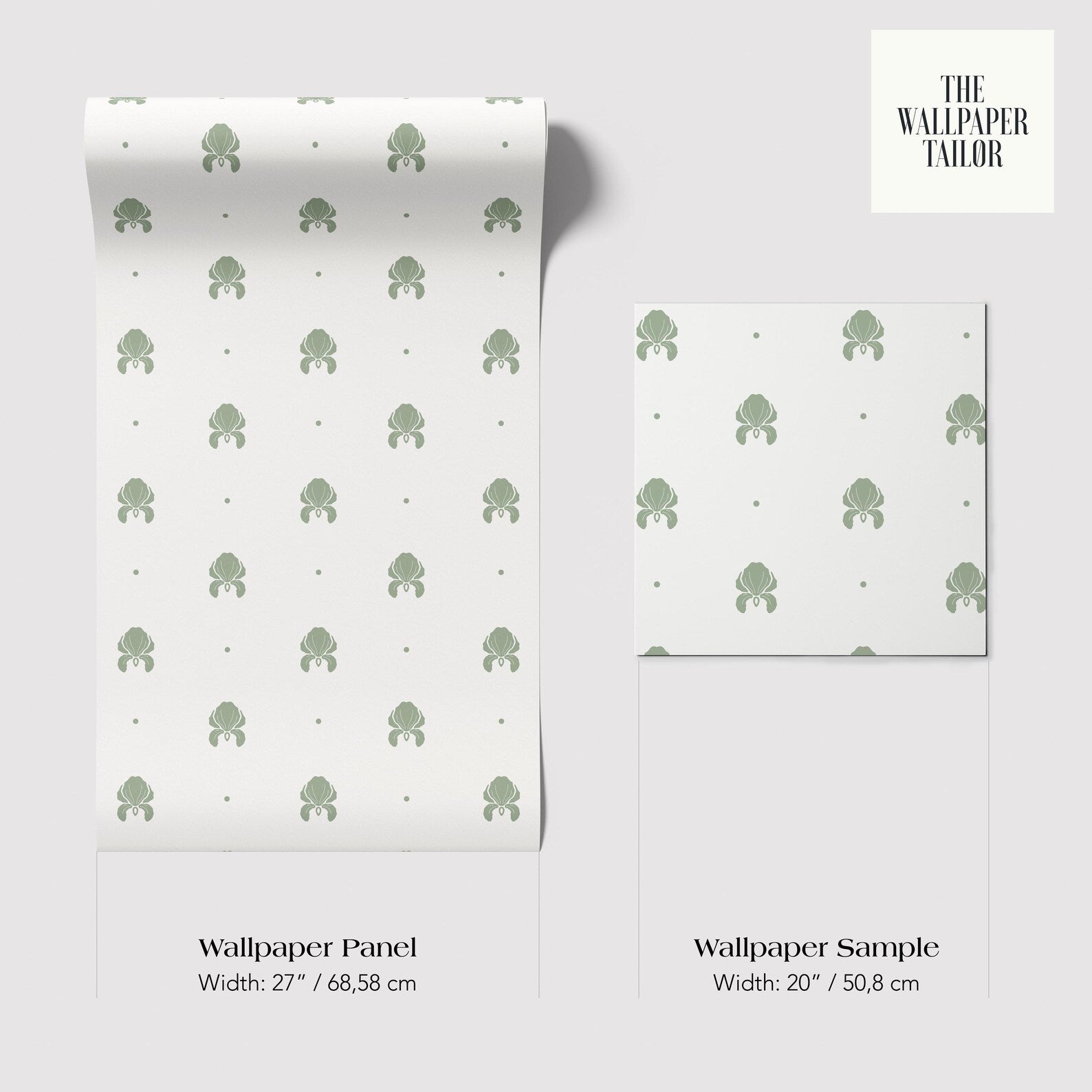 two wallpaper panels with a repeating pattern of green octopus or sea creature designs. The text provides information about the size and dimensions of the wallpaper panels, including their widths and heights.